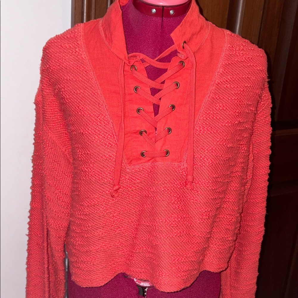 Urban Outfitters  vibrant, orange knit crop top  lace up V front/stand-up collar